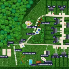 Mapa ośrodka z atrakcjami: plac zabaw, trampoliny, zjeżdżalnie, minigolf, basen, sauna, strefa boisk. Jura Krakowsko-Częstochowska oferuje wiele możliwości wypoczynku.