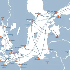 Mapa szlaków promowych łączących Polskę z Norwegią i innymi krajami Bałtyku.