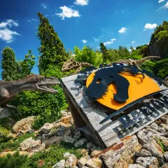Bałtów atrakcje dla dzieci: realistyczny dinozaur i szkielety zapraszają do prehistorycznej przygody pod błękitnym niebem.