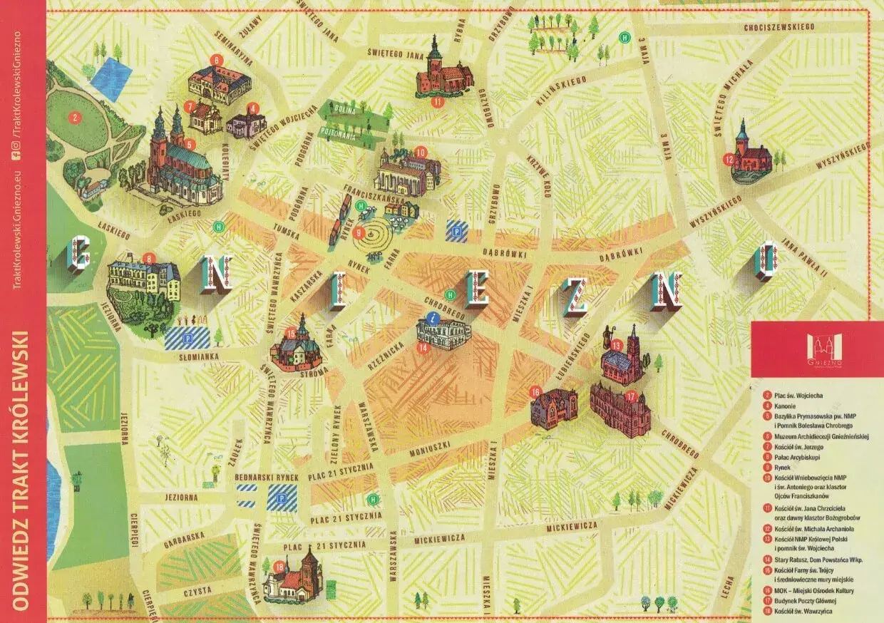 Mapa Gniezna z zaznaczonymi atrakcjami dla dzieci, w tym zabytkami i parkami.