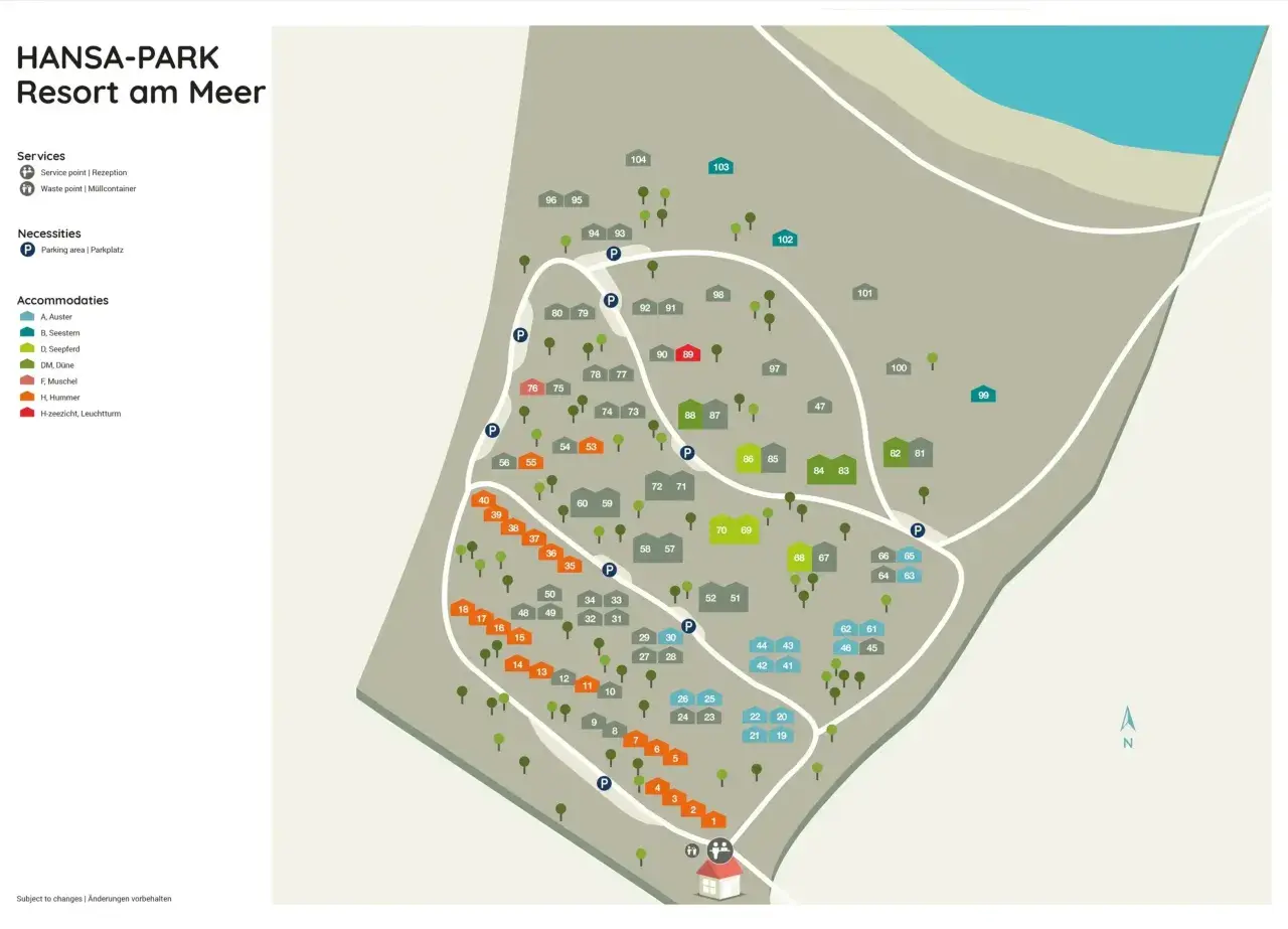 Mapa kurortu HANSA-PARK z zaznaczonymi domkami, parkingami i punktami usługowymi.