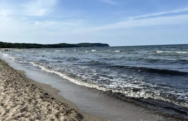 Piasek, fale i zieleń na horyzoncie – to piękne polskie morze.